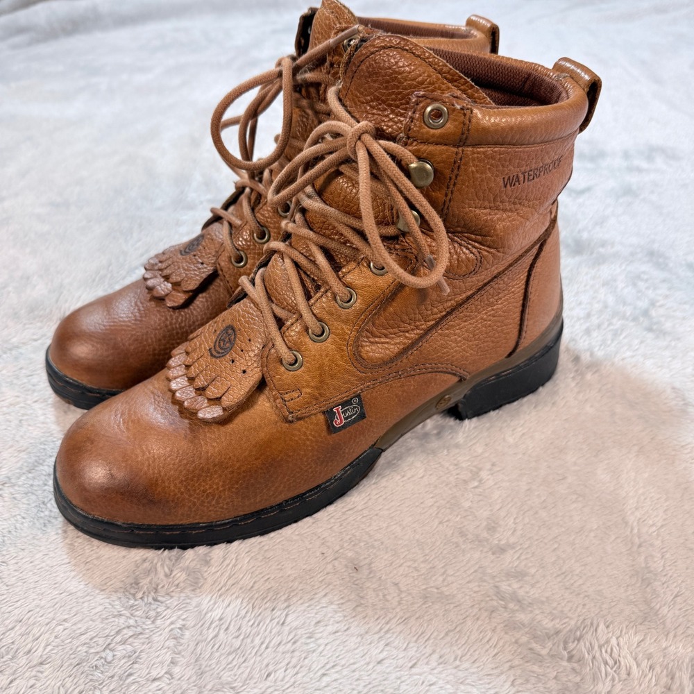 Justin Waterproof Leather Work Boots Tan Western Fringe Lace Up‎ Women 9B